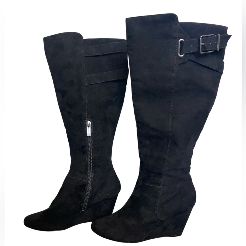 Jessica Simpson Wedge Heel Boots Blk Faux Suede, Side Zipper & Strap Detail 6M